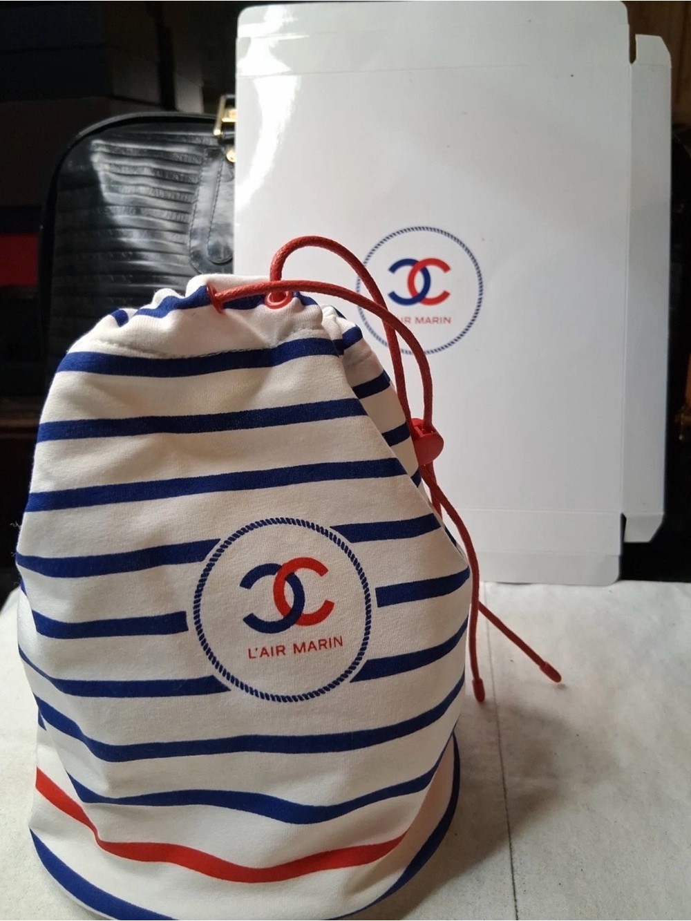 CHANEL Navy Blue White Striped Drawstring Pouch with Red Accents